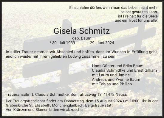 Traueranzeige von Gisela Schmitz von Rheinische Post