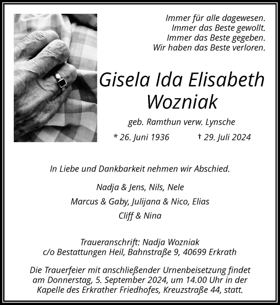 Traueranzeige von Gisela Ida Elisabeth Wozniak von Rheinische Post