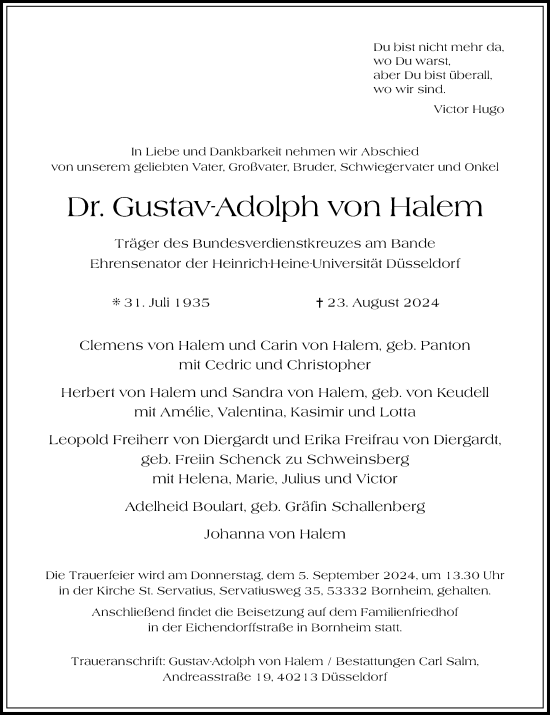 Traueranzeige von Gustav-Adolph von Halem von Rheinische Post