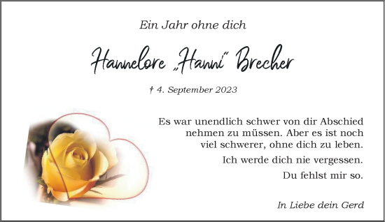 Traueranzeige von Hannelore Brecher von Rheinische Post