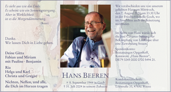 Traueranzeige von Hans Beeren von Rheinische Post