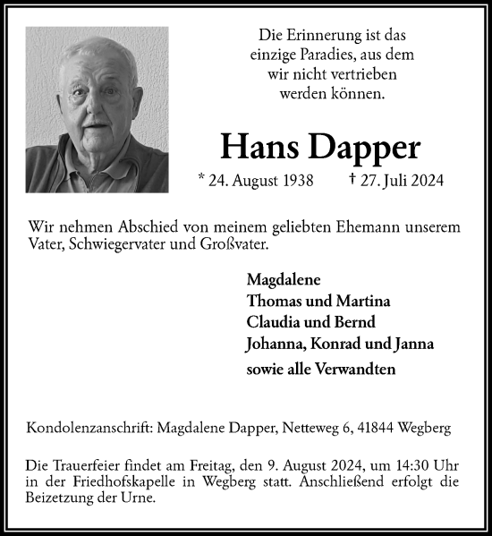 Traueranzeige von Hans Dapper von Rheinische Post