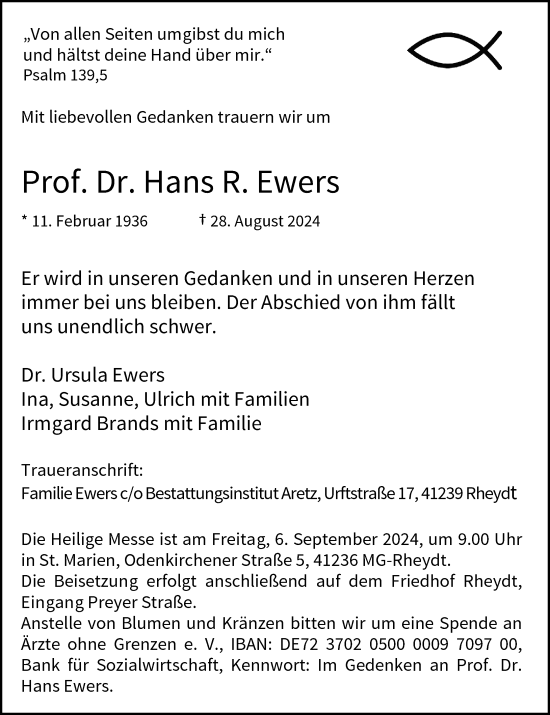 Traueranzeige von Hans Ewers von Rheinische Post