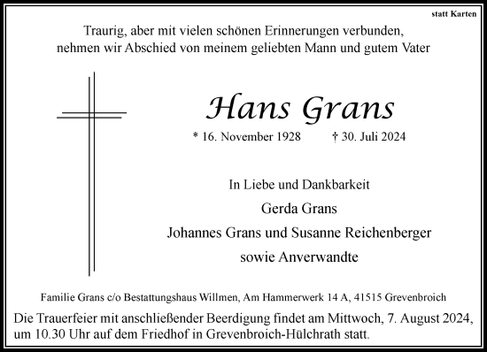 Traueranzeige von Hans Grans von Rheinische Post