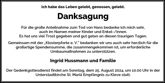 Traueranzeige von Hans Hussmann von Rheinische Post