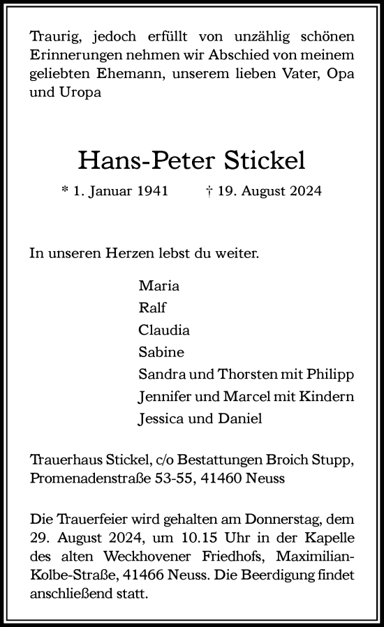 Traueranzeige von Hans-Peter Stickel von Rheinische Post