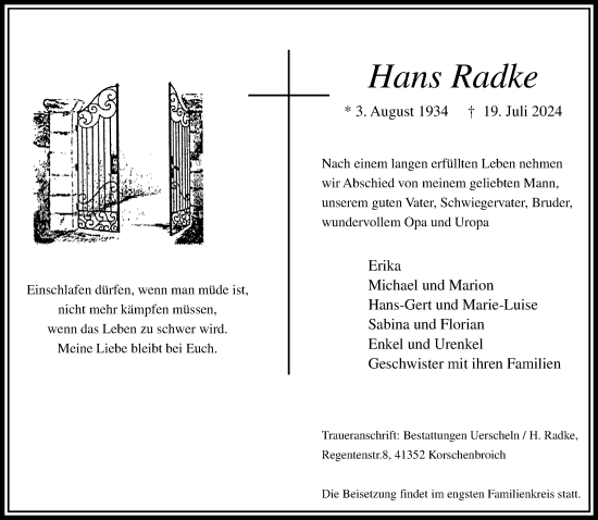 Traueranzeige von Hans Radke von Rheinische Post