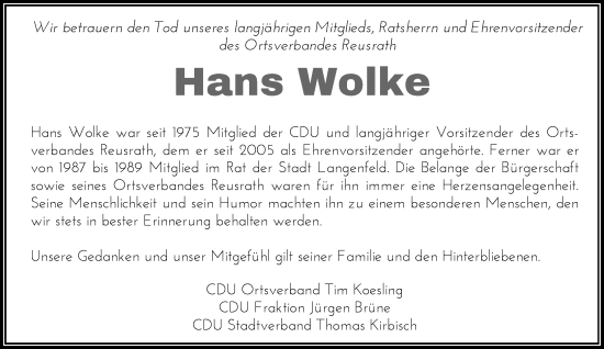 Traueranzeige von Hans Wolke von Rheinische Post