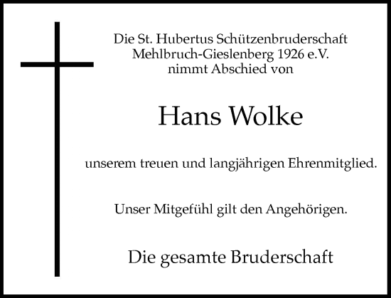 Traueranzeige von Hans Wolke von Rheinische Post