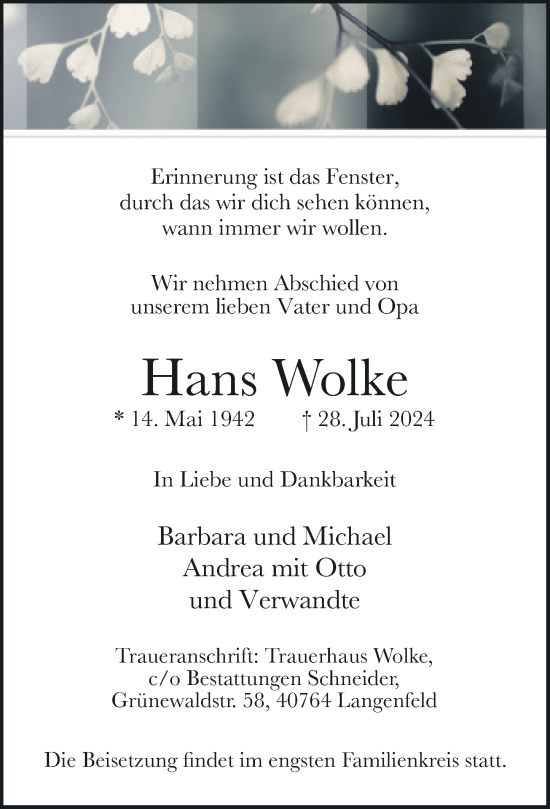 Traueranzeige von Hans Wolke von Rheinische Post