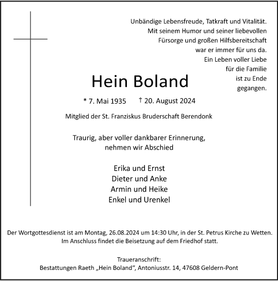 Traueranzeige von Hein Boland von Rheinische Post