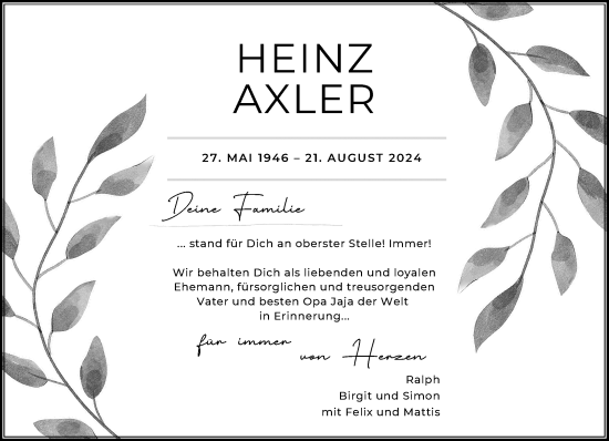 Traueranzeige von Heinz Axler von Rheinische Post