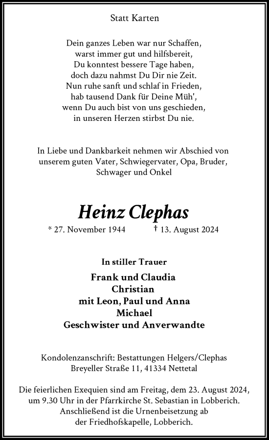 Traueranzeige von Heinz Clephas von Rheinische Post