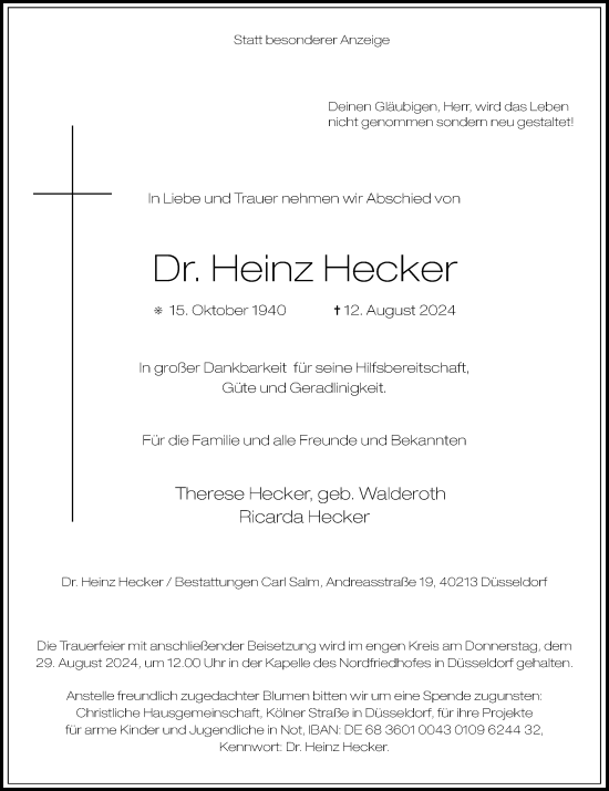 Traueranzeige von Heinz Hecker von Rheinische Post