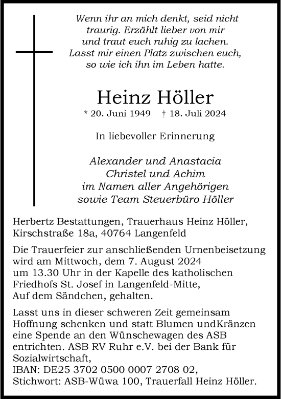 Traueranzeige von Heinz Höller von Rheinische Post