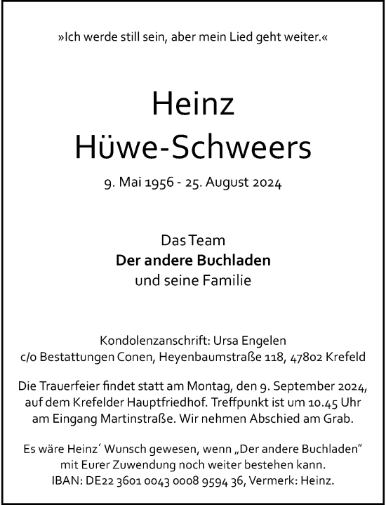 Traueranzeige von Heinz Hüwe-Schweers von Rheinische Post