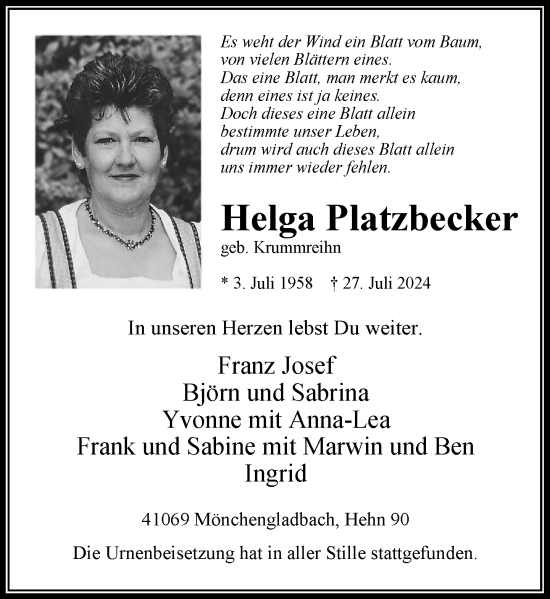 Traueranzeige von Helga Platzbecker von Rheinische Post