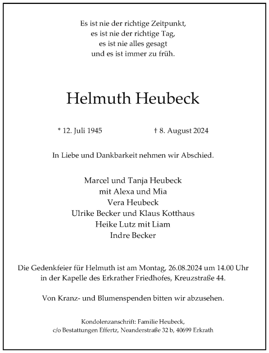 Traueranzeige von Helmuth Heubeck von Rheinische Post