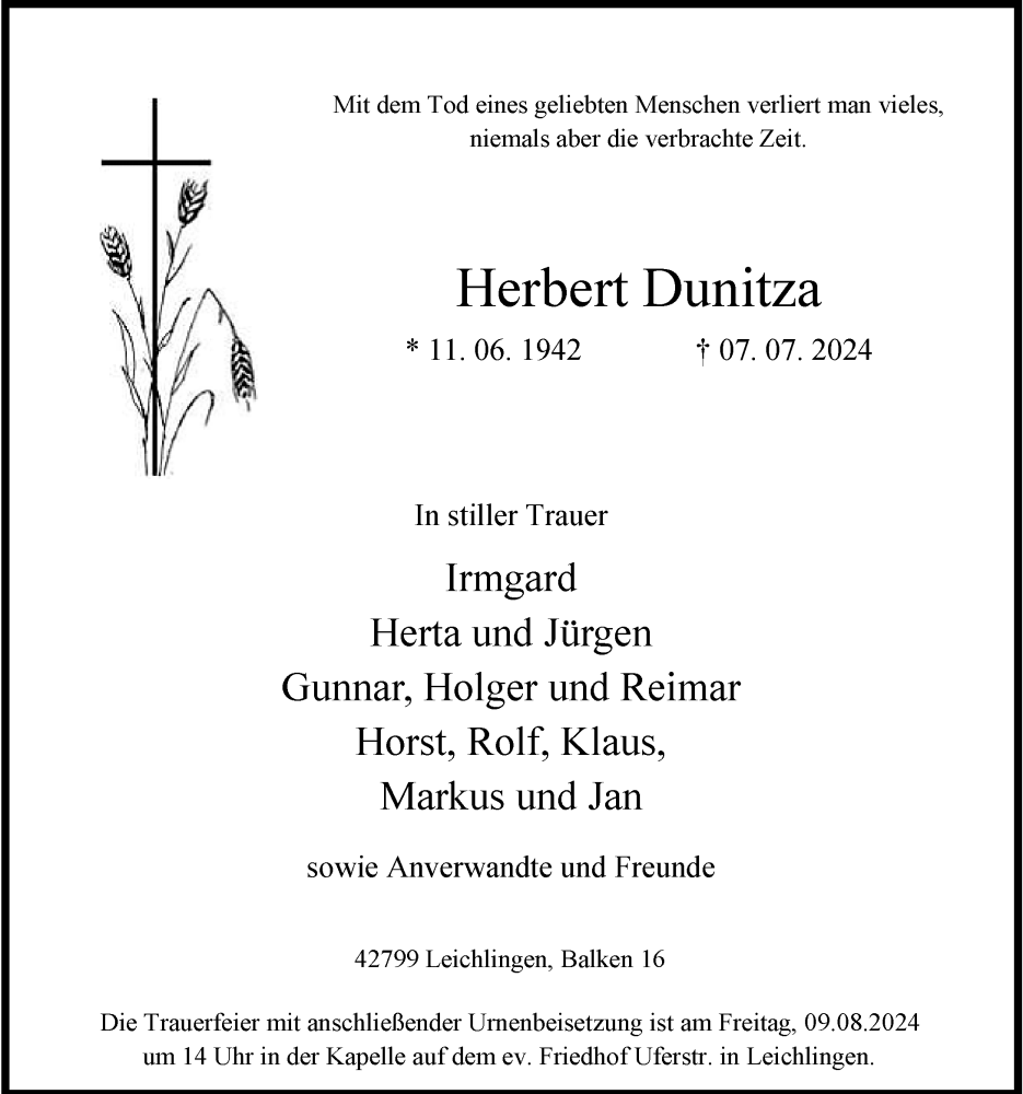  Traueranzeige für Herbert Dunitza vom 03.08.2024 aus Rheinische Post