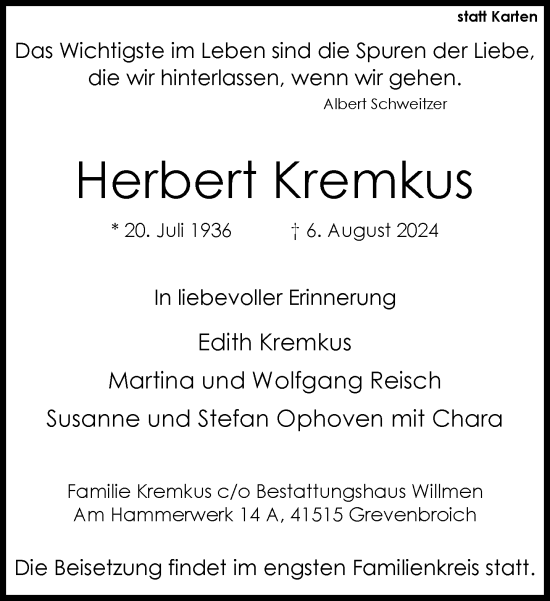 Traueranzeige von Herbert Kremkus von Rheinische Post