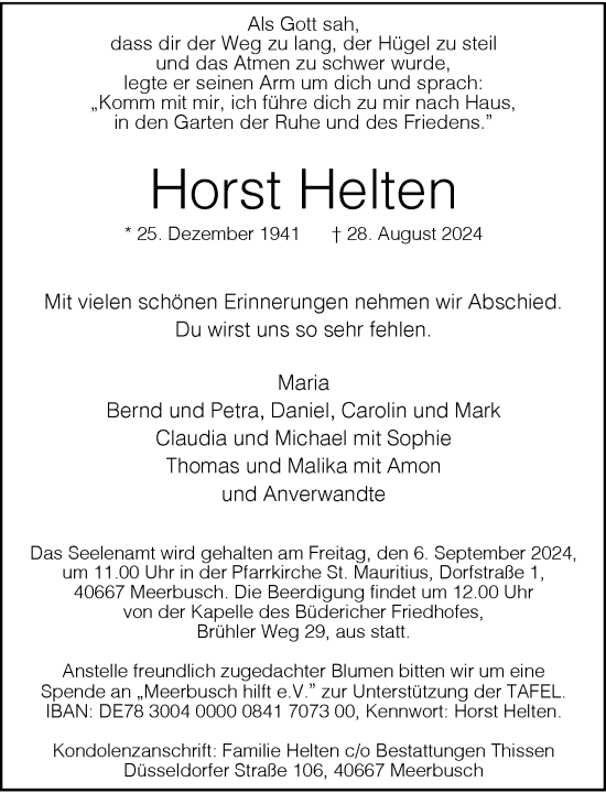 Traueranzeige von Horst Helten von Rheinische Post