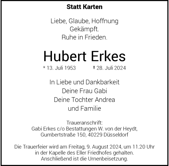 Traueranzeige von Hubert Erkes von Rheinische Post