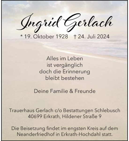 Traueranzeige von Ingrid Gerlach von Rheinische Post