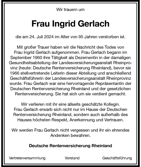 Traueranzeige von Ingrid Gerlach von Rheinische Post