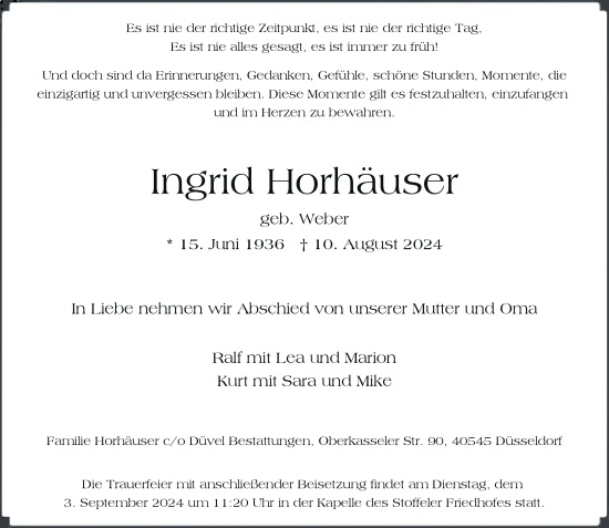 Traueranzeige von Ingrid Horhäuser von Rheinische Post