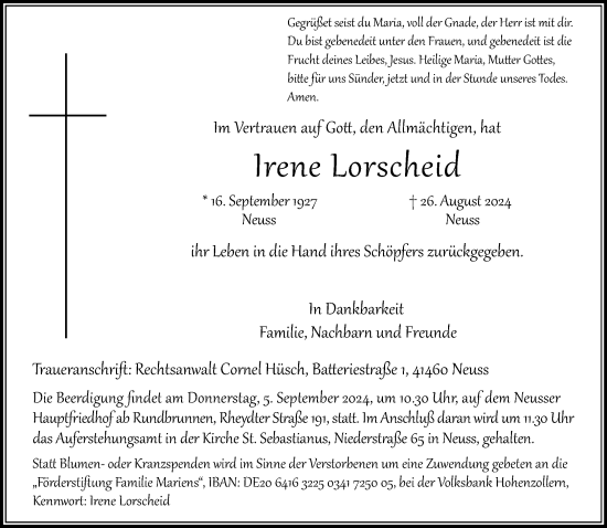 Traueranzeige von Irene Lorscheid von Rheinische Post