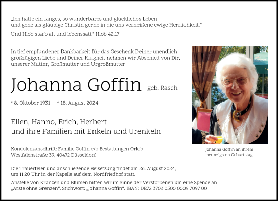 Traueranzeige von Johanna Goffin von Rheinische Post