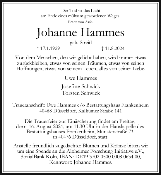 Traueranzeige von Johanne Hammes von Rheinische Post