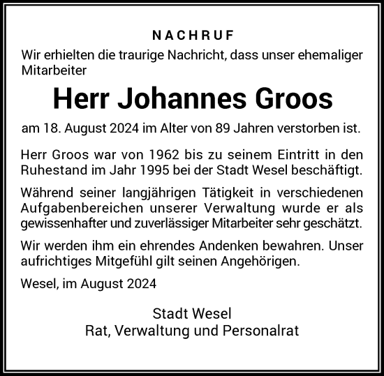 Traueranzeige von Johannes Groos von Rheinische Post