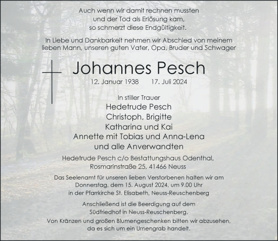 Traueranzeige von Johannes Pesch von Rheinische Post