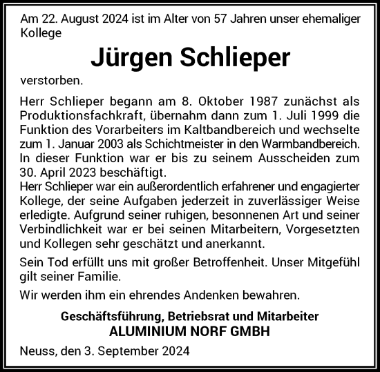 Traueranzeige von Jürgen Schlieper von Rheinische Post