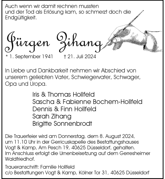 Traueranzeige von Jürgen Zihang von Rheinische Post