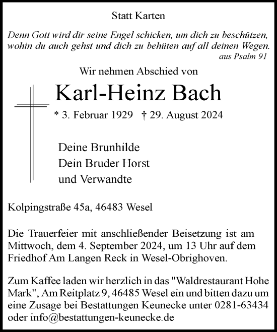 Traueranzeige von Karl-Heinz Bach von Rheinische Post