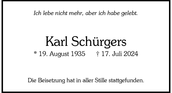 Traueranzeige von Karl Schürgers von Rheinische Post