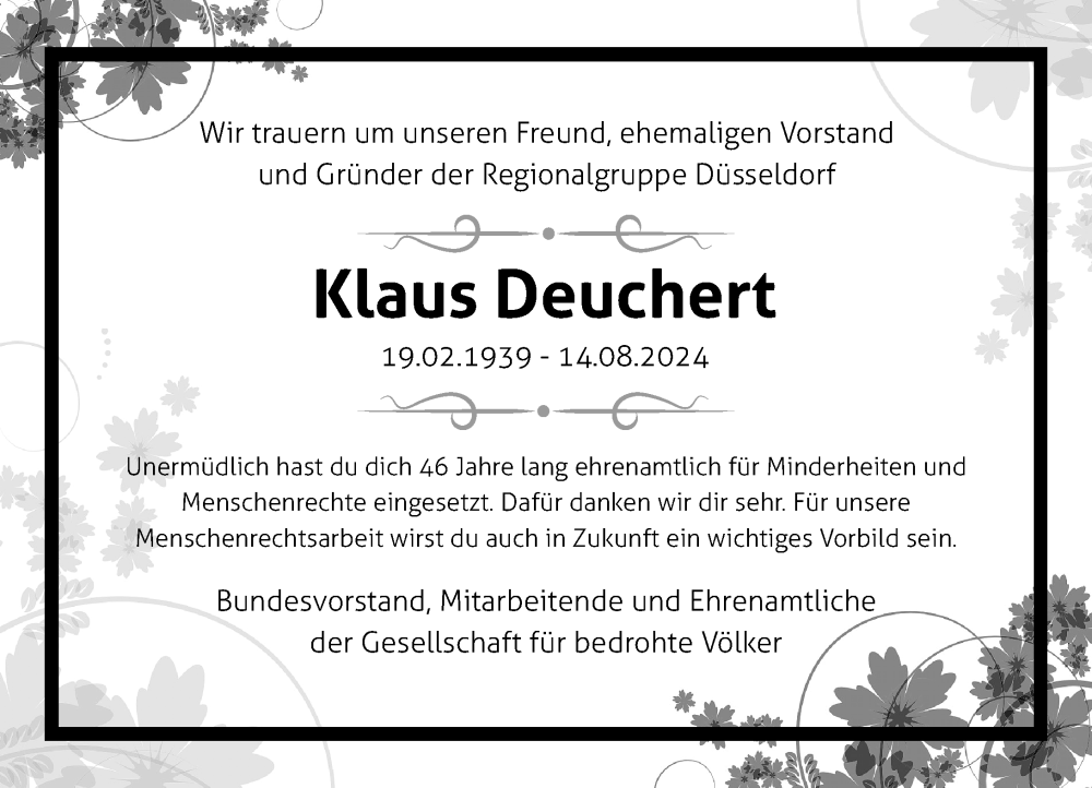  Traueranzeige für Klaus Deuchert vom 31.08.2024 aus Rheinische Post