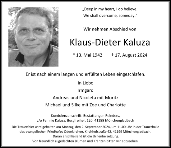 Traueranzeige von Klaus-Dieter Kaluza von Rheinische Post