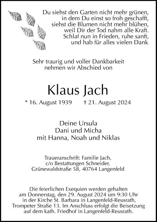 Traueranzeige von Klaus Jach von Rheinische Post