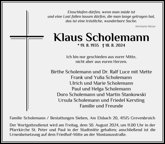 Traueranzeige von Klaus Scholemann von Rheinische Post