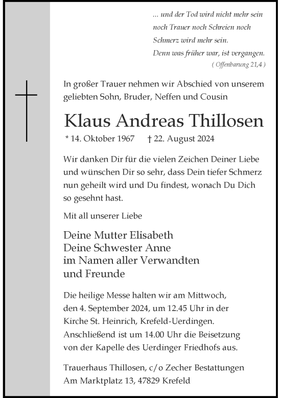 Traueranzeige von Klaus Andreas Thillosen von Rheinische Post