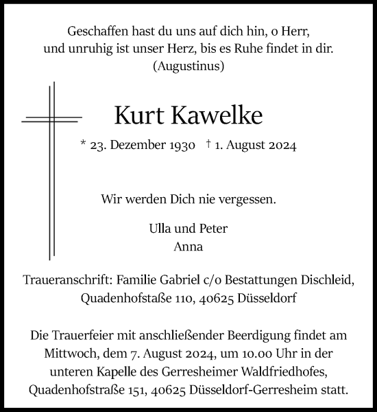 Traueranzeige von Kurt Kawelke von Rheinische Post