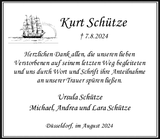 Traueranzeige von Kurt Schütze von Rheinische Post