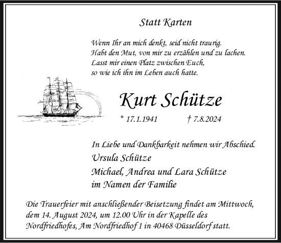 Traueranzeige von Kurt Schütze von Rheinische Post