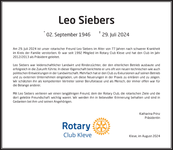 Traueranzeige von Leo Siebers von Rheinische Post