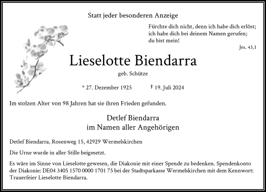 Traueranzeige von Lieselotte Biendarra von Rheinische Post