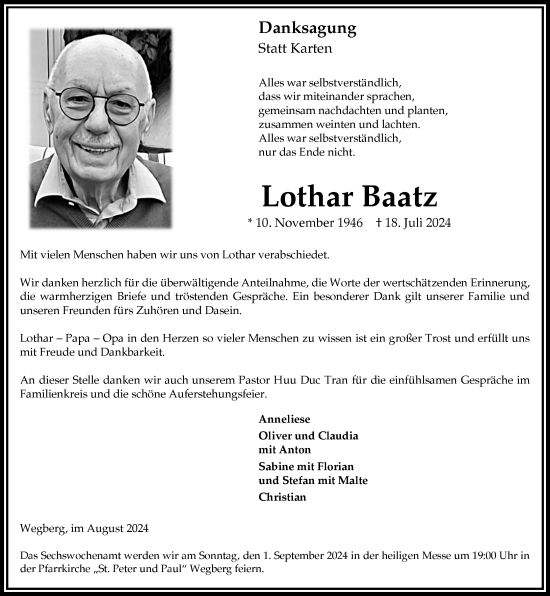 Traueranzeige von Lothar Baatz von Rheinische Post