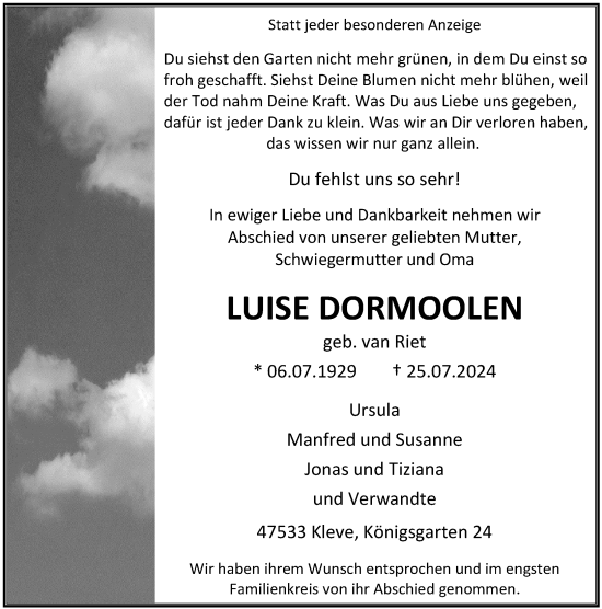 Traueranzeige von Luise Dormoolen von Rheinische Post